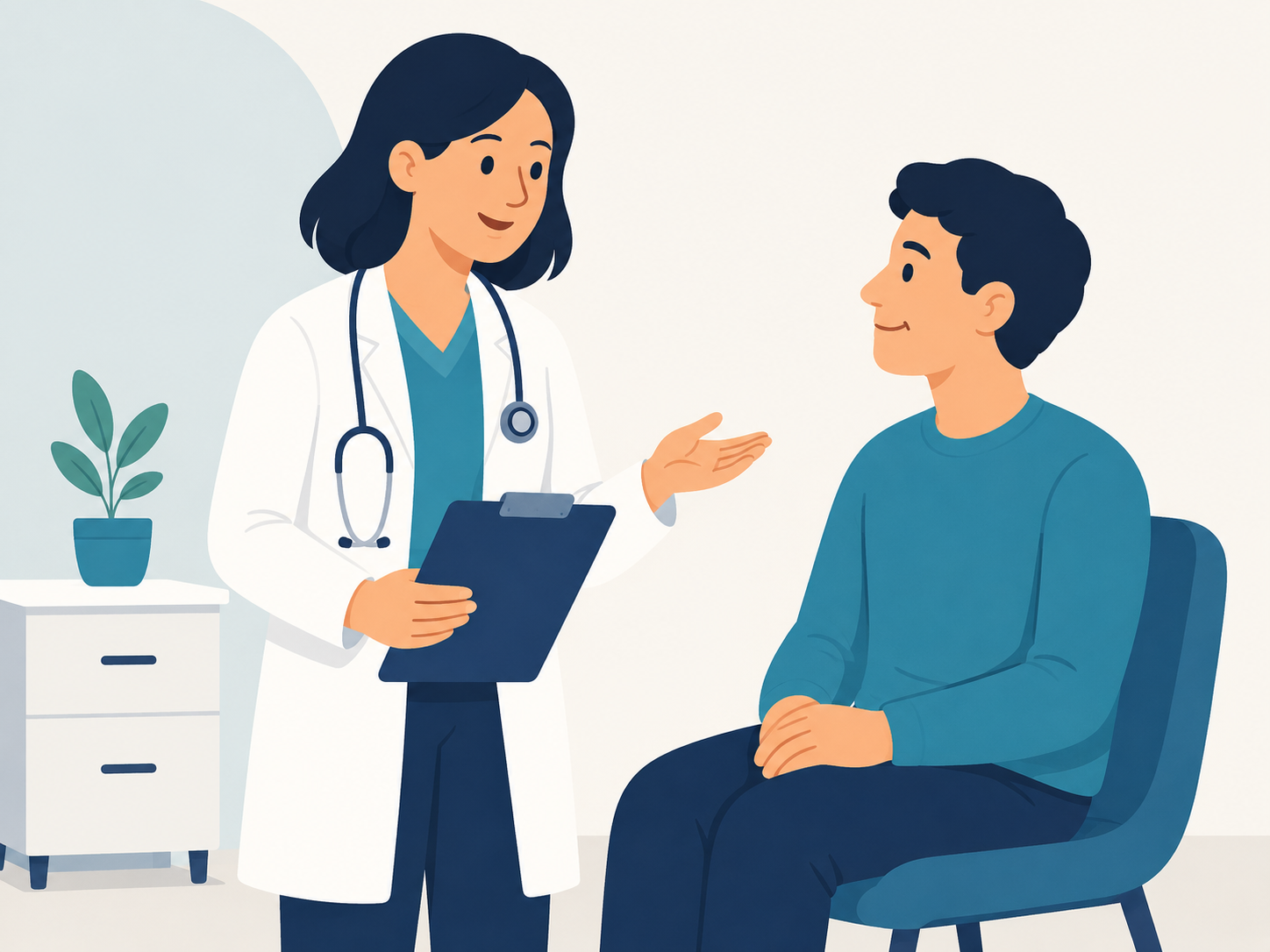A physician in a white coat speaking with a patient during a primary care visit